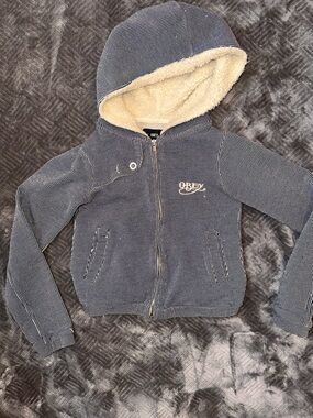 Obey Navy & Cream Striped Sherpa-Lined Hoodie Jacket-Early 2000's